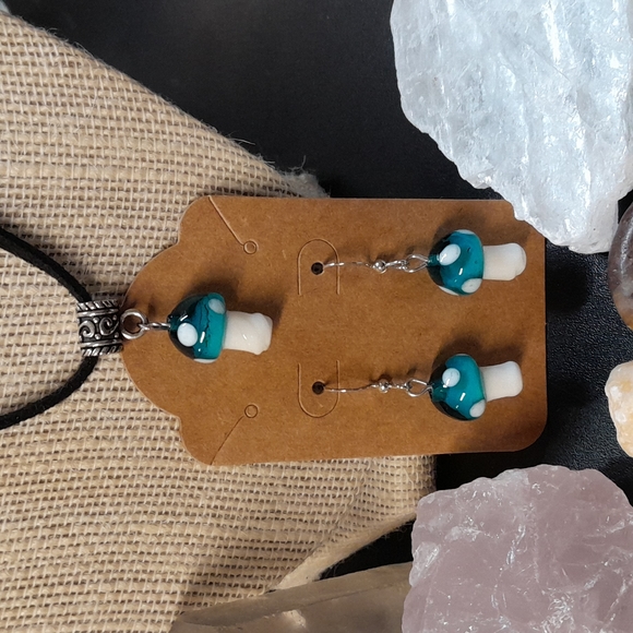 Hand Crafted Jewelry - Glass mushroom earring and necklace set